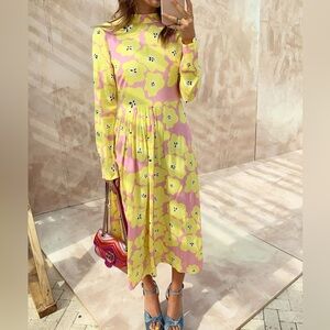 Never Fully Dressed Floral Long Sleeve Midi Dress - Pink & Yellow - S